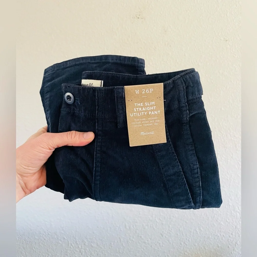 Madewell The Petite Slim Straight Trouser Pant in Garment Dye Navy Corduroy NWT